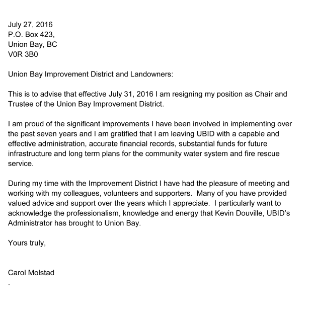 Carol Molstad Resignation from UBID